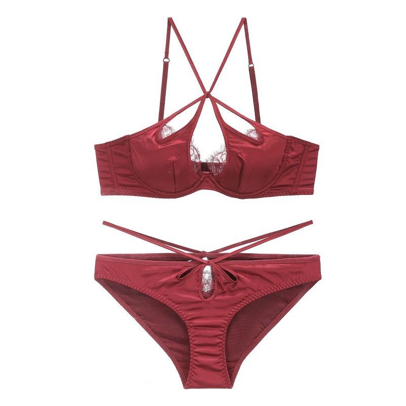 レディース ブラジャー セット 法式 セクシー 光沢 レース 薄型 ワイヤー クロス ストラップ ガーターベルト 3/4 カップ 薄型パッド 固定ストラップ 後ろフック 聚酯繊維 透気性 上托 ガードル ブラック ホワイト レッド 切り替え デザイン 軽