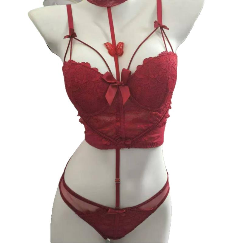 レディース セクシー レース ハルターネック インナーセット ブラジャー ショーツ 3/4カップ 上薄下厚 固定肩ストラップ 後三列フック ニット コットン レース花辺 快適 ブラック ホワイト レッド 純欲スタイル 切り替えデザイン 伸縮性 通勤 普段