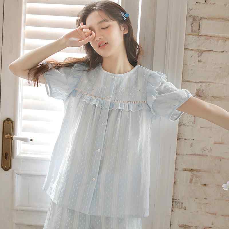 Other - パジャマ レディース 春夏 法式 かわいい 純棉 少女 短袖 短パン ホームウェア セット 透気性 薄手 快適 ピンク ブルー 丸首 三分袖 ルームウェア ゆったり 寝間着 コットン ガウン