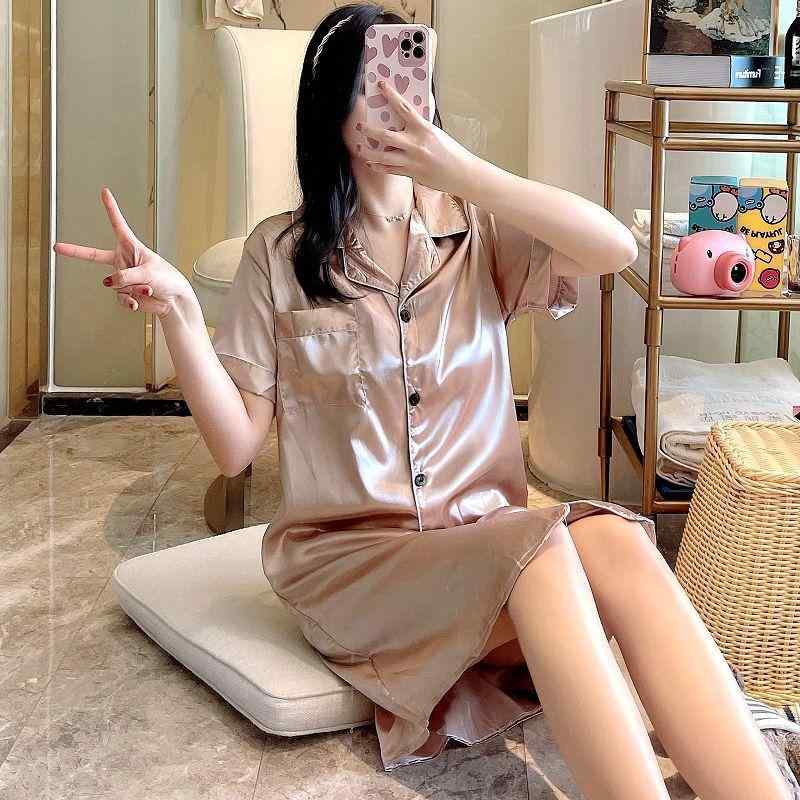 レディース 夏用 シャツ ワンピース スリープウェア 接触冷感 再生繊維 開襟 ゆったりシルエット 短袖 純色 香槟色 白色 ブルー ピンク ブラック 赤 グリーン ミスティブルー シルバー パープル 透気性 抗菌 快適 寝室着 部屋着 カジュアル ホテ