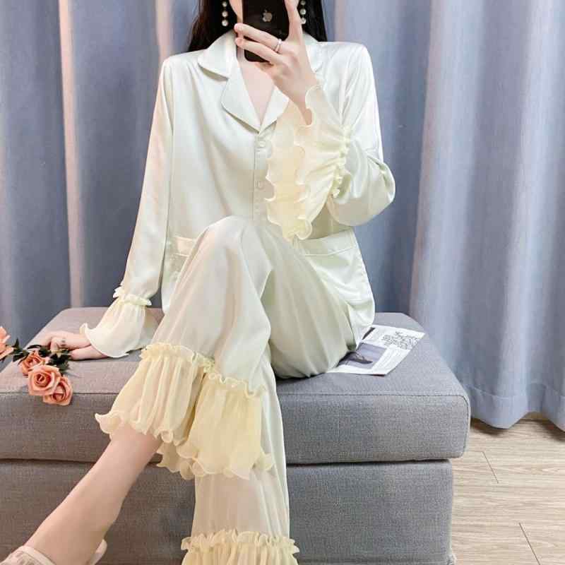 Other - パジャマ 女性用 春夏 接触冷感 光沢 ポリエステル 甘め 気品 レース 薄手 長袖 長ズボン セット フラップカラー 花柄 かわいい 軽量 伸縮性 吸湿速乾 法式 カジュアル 部屋着 外出可能 青年向け グリーン ホームウェア ラウンジウェア
