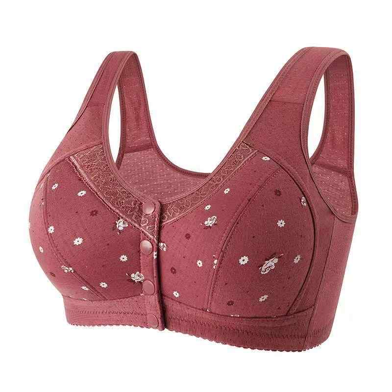 春夏 中年女性用 ブラジャー 背心式 無ワイヤー フルカップ 薄パッド 前ホック レース プリント 綿混紡 ポリエステル 透気 吸汗 快適 サイドサポート 副乳収納 シンプルカジュアル 柠檬イエロー 豆沙色 ワインレッド パープル レッド ピンクグリーン