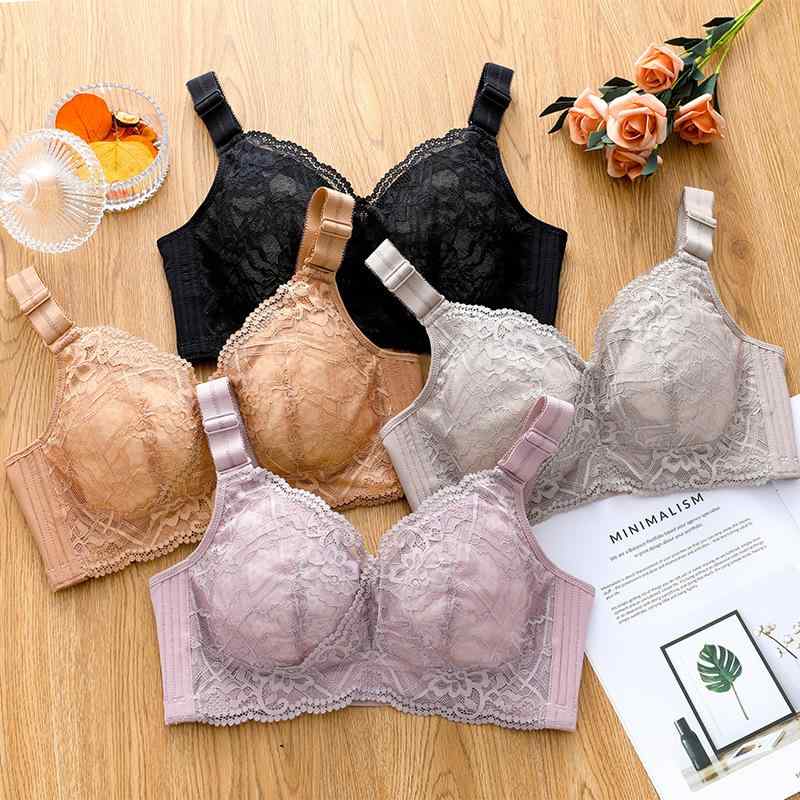 ノンワイヤーブラ 女性用 ワイヤレスブラジャー レディース 大きめバスト サイズダウン レース 薄型 ガードル サイドサポート 防下垂 透気性 調整型 フルカップ 薄模杯 コットン ポリエステル ナイロン シンプルカジュアル 香槟色 ブラック グレー ベ