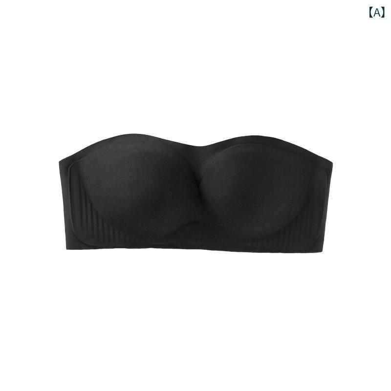 レディース ノンワイヤー ブラ 抹胸 無肩ストラップ インナー 果凍ストライプ 乳膠綿 透気性 無痕 隠形 ラップトップ ナイロン スパンデックス 薄模杯 ハーフカップ 後ろ三列ホック ブラック ミントグリーン ベージュ S M L シンプルカジュアル