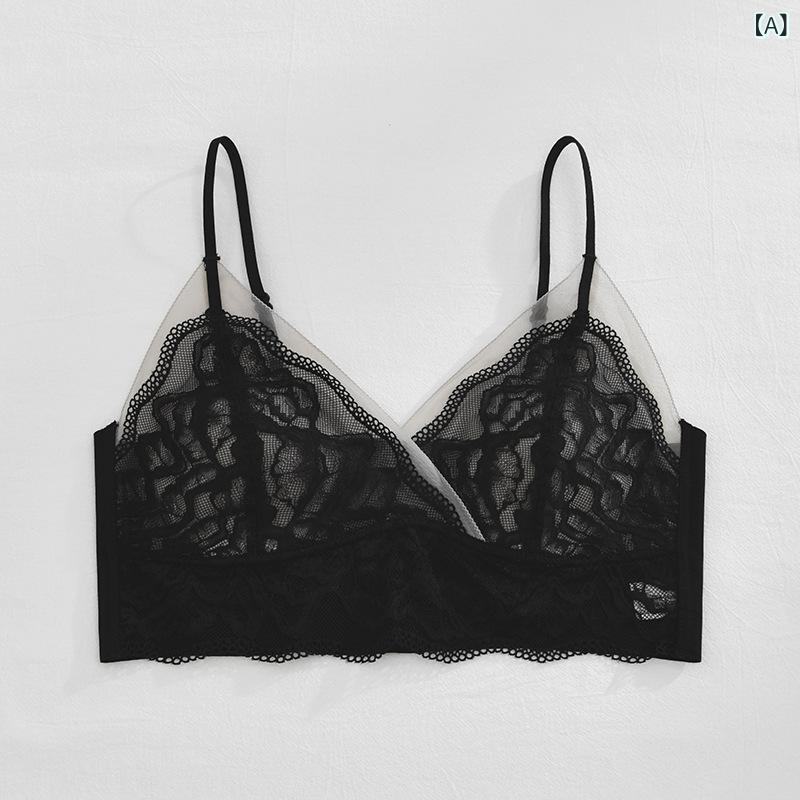 ブラ 夏用 法式スタイル レース 無ワイヤー 女性用 美背 文胸 ウサギ耳カップ インナー インナーウェア アウター 固定カップ トッパー 接触冷感 無痕 ニット スパンデックス 薄型 超薄 レースエッジ ニーロン レイカ ダブルショルダーストラップ ブ