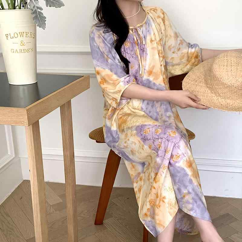 ワンピース 女性用 コットンシルク 接触冷感 薄手 長丈 短袖 丸首 透気性 快適 寝巻き ルームウェア インナー 春夏 秋用 カジュアル 外出可能 印花柄 植物柄 蝶柄 花柄 幾何学柄 復古柄 国風柄 水墨柄 欧風柄 日式柄 白色 黒色 ピンク 赤 茶