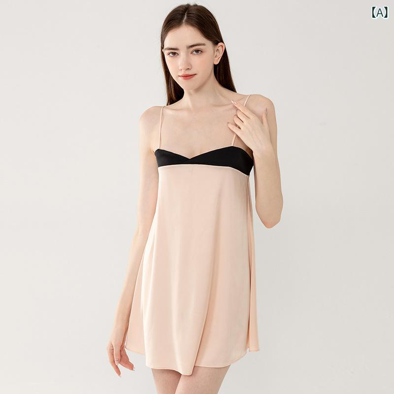 レディース セクシー ネグリジェ 吊り紐 スリップ ドレス 接触冷感 再生繊維 インナー 薄手 無袖 Vネック 短丈 香槟色 ブラック 春夏 秋冬 通年 居家 部屋着 寝間着 カジュアル 軽量 吸湿速乾 高級感 かわいい ピンク系 アイボリー