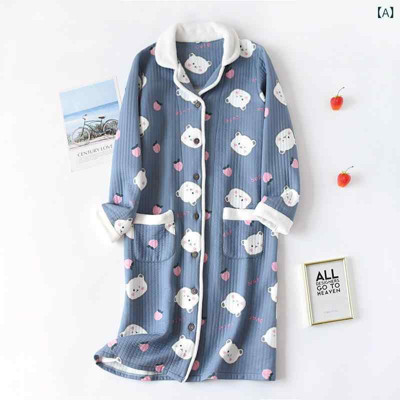 パジャマ ルームウェア 秋冬 長袖 綿 厚手 暖か 透気 快適 開衫 中長丈 ゆったり かわいい カードゥーン柄 深青 淡ピンク ピンク 愛心 チェック