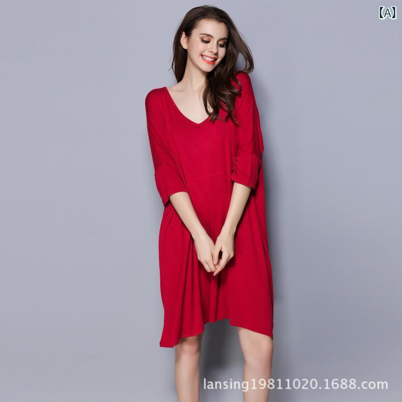 ワンピース レディース 春夏 ミッドレングス 中袖 ビッグサイズ モダール スリープドレス 寝間着 Vネック 切り替え 透気性 吸湿速乾 伸縮性 軽量 快適 居家着 哺乳対応 情趣 カジュアル 短丈 酒紅 ブラック 水色 ラベンダー ネイビー グレー オ