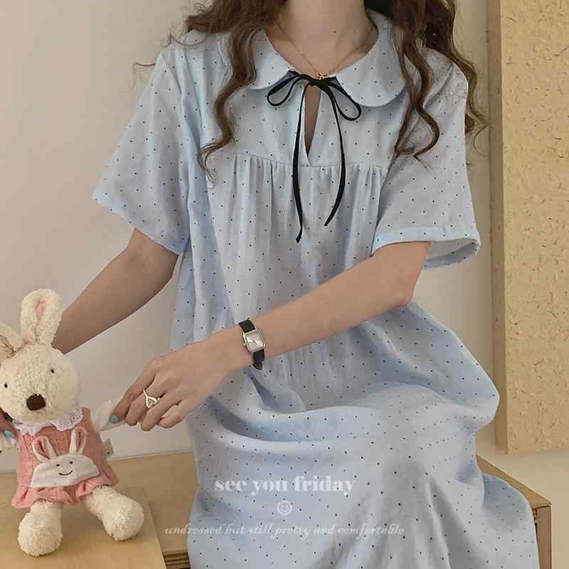 レディース 夏用 短袖 ワンピース ドット柄 復古 デザイン 娃娃領 綿 素材 軽量 透気性 快適 ルームウェア スリープウェア ゆったり シルエット 水色 かわいい 甘め スタイル 普段使い 居家 長丈