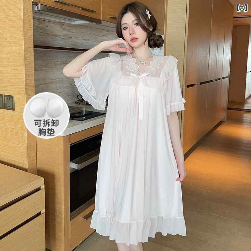 レディース 春夏 中長 ワンピース ネグリジェ ホームウェア 純色 レース 蝶々結び 網纱 宮廷 プリンセス 風 Vネック 三分袖 ポリエステル 薄手 透気性 涼爽 快適 ピンク ブラック ホワイト 香槟 紫 ブルー 虾色 グリーン レッド カジュアル