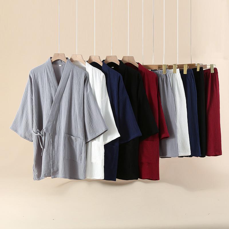 和服 ルームウェア セット 男女 春夏 薄手 綿 Vネック 半袖 短パン ゆったり 大きめ 透気性 快適 居家 休闲 赤 グレー 白 黒 紺 切り替え 紐 リラックス 吸湿速乾 軽量 部屋着 カジュアル 浴衣風 ゆったりシルエット 通年対応