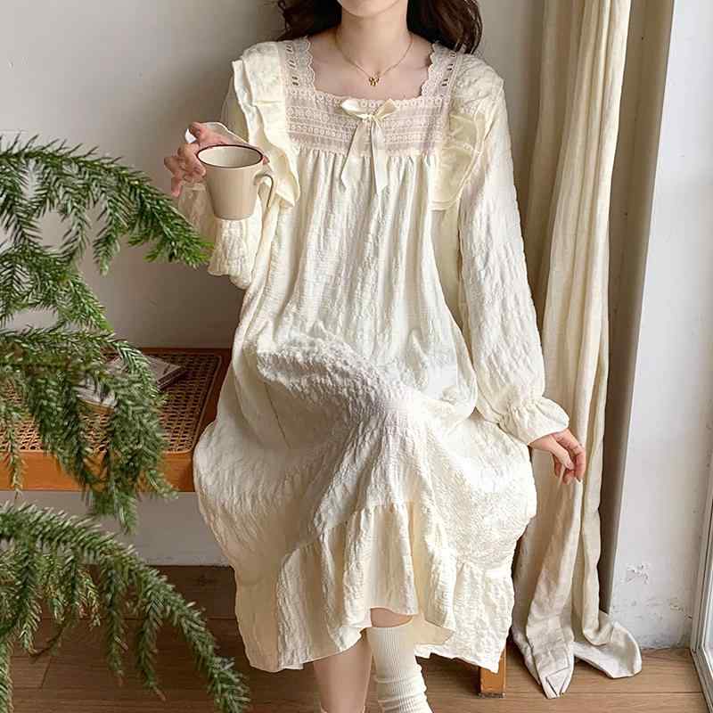 パジャマ レディース 春夏 秋冬 薄手 雲の綿 長袖 ワンピース タイプ ウッドネック かわいい 日系 少女用 ホームウェア ルームウェア 寝間着 コットン 混紡 杏色 ミストブルー ピンク ライトウェイト 長丈 ゆったりシルエット インナーウェア