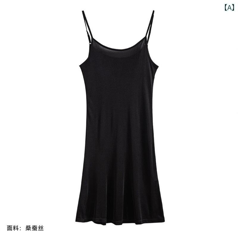 スリップドレス シルク ロング スリープウェア 薄手 吊り下げ 丸首 無袖 桑蚕糸 再生繊維 接触冷感 軽量 伸縮性 居家 リラックス スタイル 黒 白 ベージュ ピンク グレー パープル ワインレッド ブラウン かわいい ロング丈 ミディアム丈 通年使