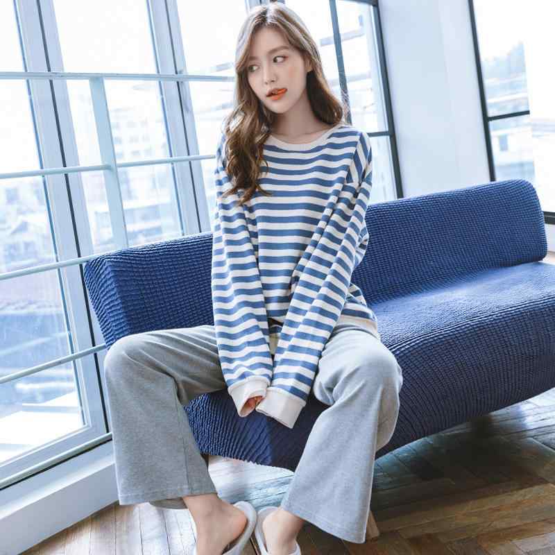 Other - パジャマ 女性用 秋冬 長袖 ストライプ コットン セット トップス ロングパンツ 丸首 弾力 透気性 快適 寝間着 ゆったり 大きいサイズ 室内着 外出対応 シンプル カジュアル ブルー ブラック グレー ミックス 再生繊維 ミックス