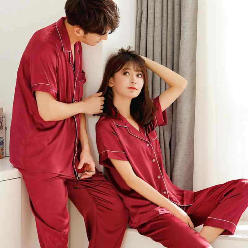 Other - 女性用 カップル パジャマ 夏 接触冷感 短袖 ロングパンツ ゆったり ワイドシルエット 涼しい 透気性 快適 薄手 ホームウェア セット ブルー グリーン パープル レッド グレー ホワイト ブラック 香槟色 ポリエステル フラット編み ターンカラー