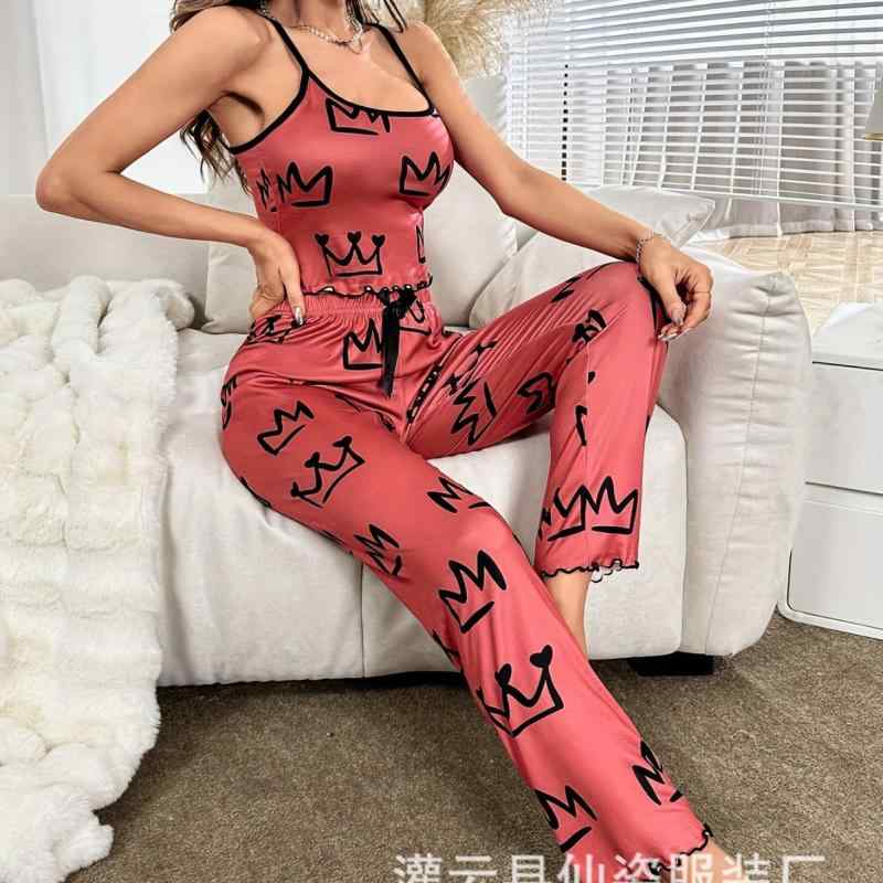 パジャマ レディース かわいい 印花 トップス 長ズボン セット 接触冷感 薄手 ポリエステル ピンク 紫 グレー スイカレッド 居家用 快適 無袖 丸首 四季 通勤後 リラックス アウトドア後 軽量 伸縮性 吸湿速乾 高級感 再生繊維 ビッグシルエット