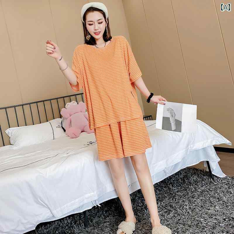パジャマ 女性用 薄手 短袖 トップス パンツ セット 超薄 接触冷感 再生繊維 腈纶 素材 丸首 ストライプ ドット カートゥーン 柄 ホームウェア 室内着 ゆったり 大きいサイズ かわいい デザイン 伸縮性 吸湿速乾 通年使用