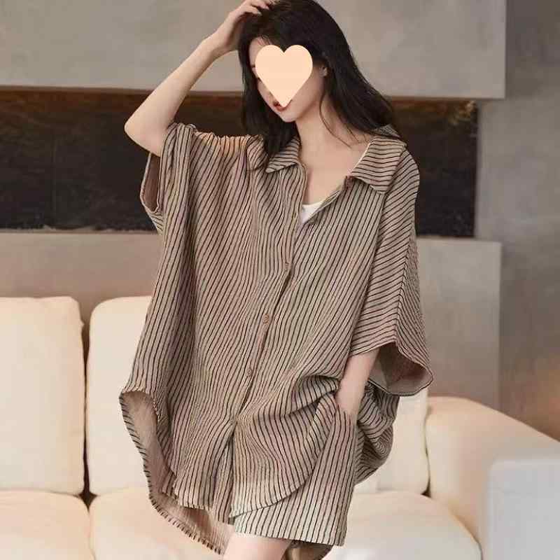 Other - パジャマ 女性用 韓国風 カジュアル スリム 条紋 ゆったり 短袖 ショートパンツ セット 夏 涼しい 綿混 接触冷感 吸湿速乾 軽量 部屋着 寝間着 ホームウェア