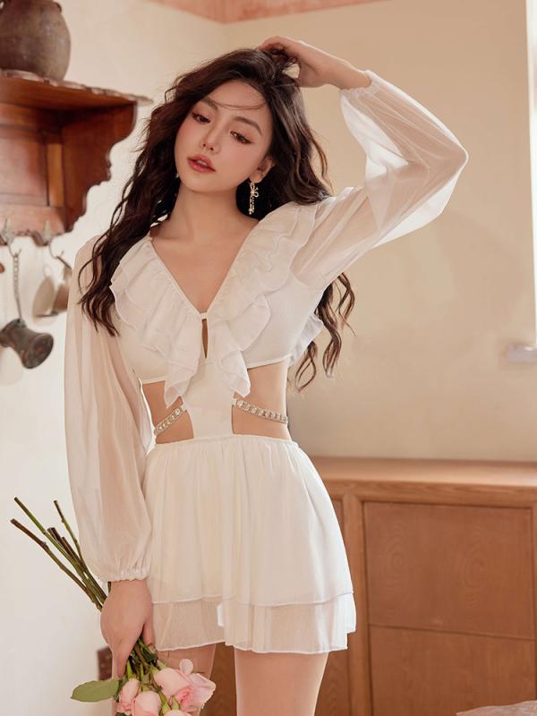 Rakuten - レディース 連体水着 長袖 セクシー 純欲風 仙女 ファッション 露腰 網纱 スイムスーツ 女性用 プール ビーチ 純色 高伸縮 耐久性 クール フレッシュ ポリエステル混紡 軽量 速乾 白 黒