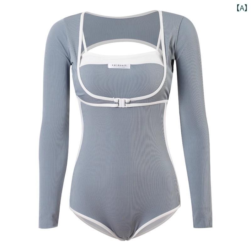 Two-Piece - レディース ワンピース 泳装 長袖 連体 スカート タイプ 保守 腹部カバー スリム 夏 浅ブルー ジャカード 速乾 伸縮性 ビーチ プール 女性用