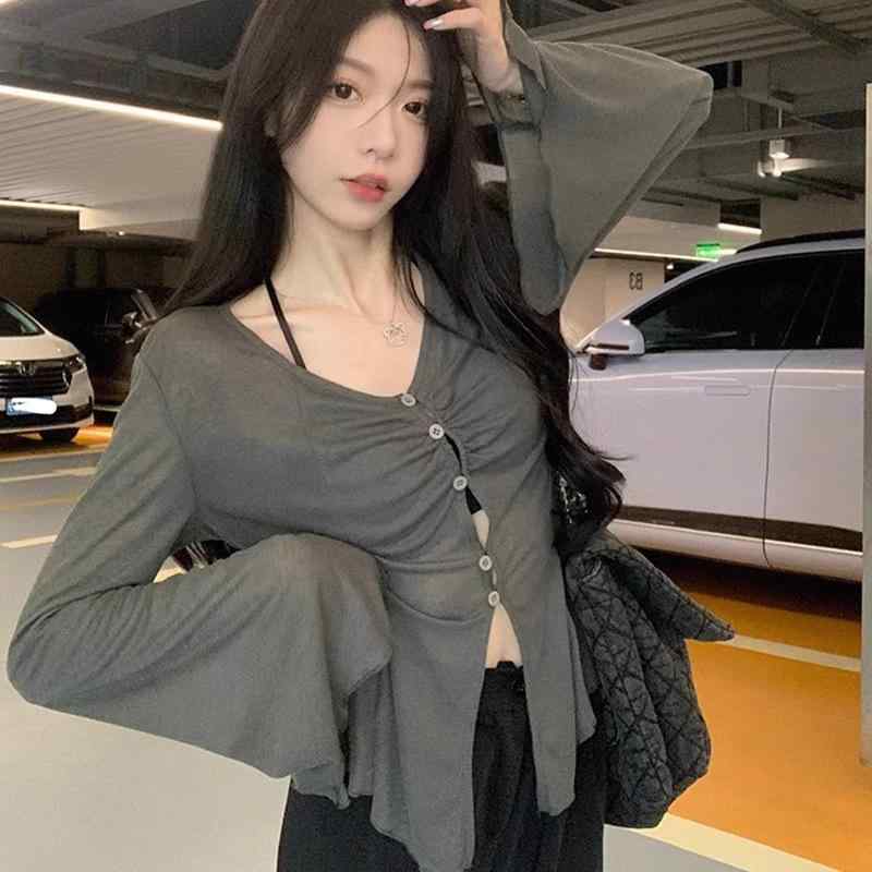 Other - カーディガン レディース 黒 灰 杏 春夏 薄手 Vネック 喇叭袖 長袖 トップス 修身型 中長丈 ボタン 系带 涼しい 涼感 防晒 UPF50+ ポリエステル ポリウレタン 混紡 韓国風 日韓風 快適 休闲 開衫 純欲風