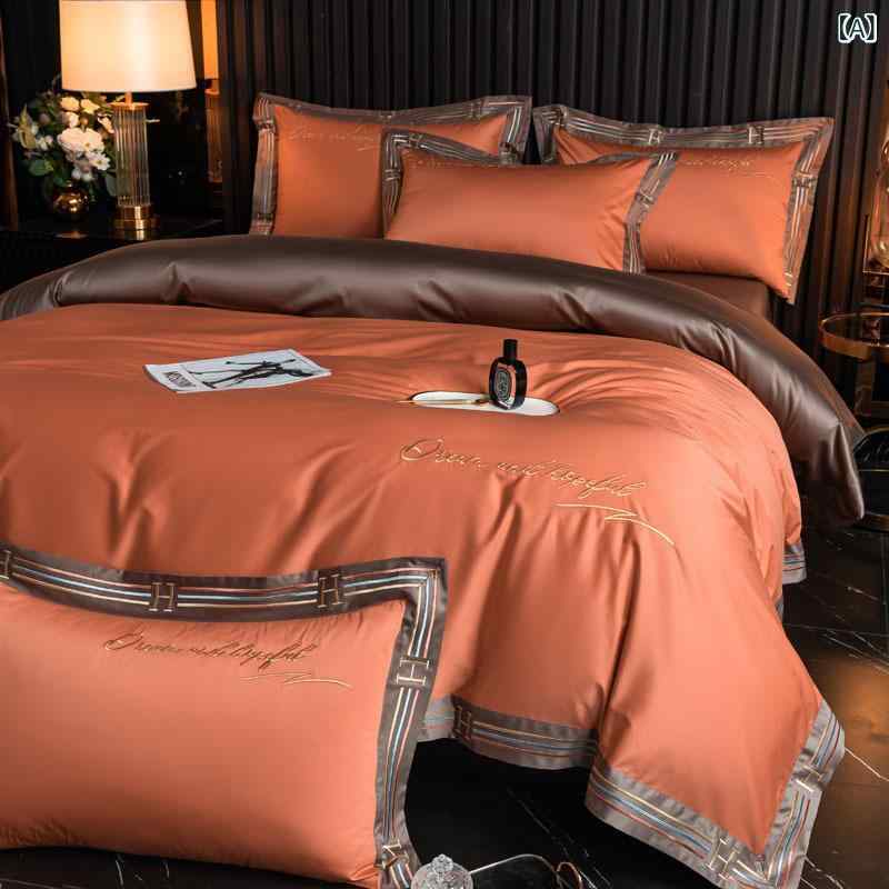 ベッドルーム 寝具セット 全棉 長絨綿 100% コットン 四件セット 被套 枕套 床単 ベッドスカート 活性染色 斜紋織り 超柔らか 軽量 高級感 グレー ピンク ホワイト ベージュ レッド ブルー グレー 現代 シンプル インテリア 1.5m 1.8