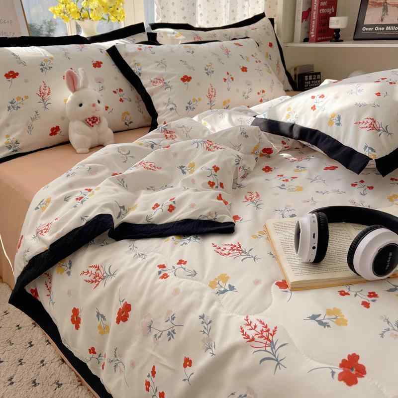 Other - 夏用ベッドカバー セット 法式 花柄 植物モチーフ 花卉 花芸 葉柄 花路 花芯 花辺 レース 縁取り 薄手 軽量 洗える 水洗 綿混 ポリエステル 再生繊維 活性染色 シングル ダブル クイーン キング サイズ 対応 ベッドシーツ 枕カバー 付属 春夏