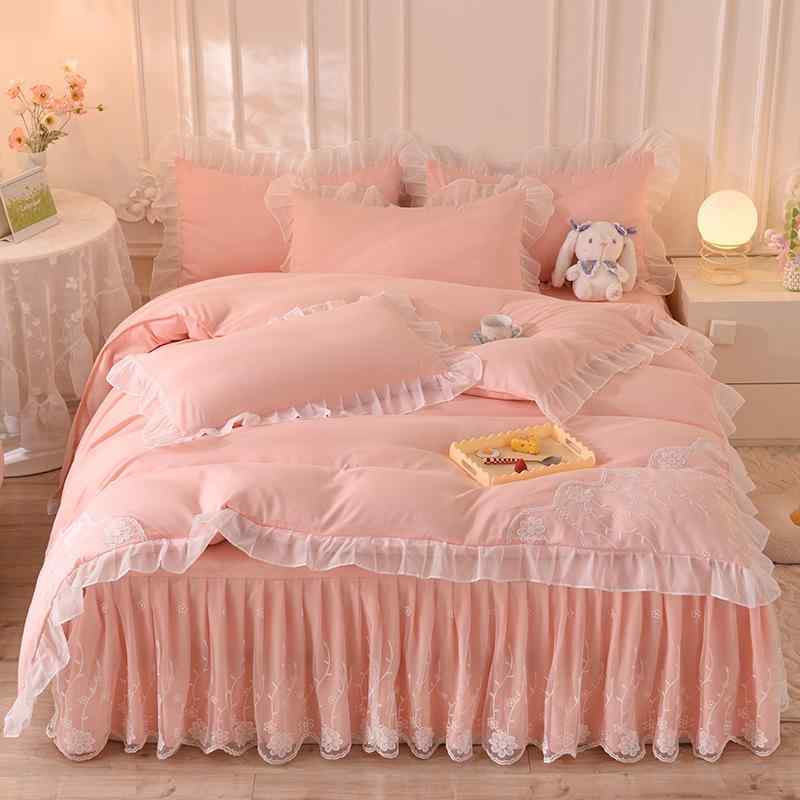 ベッドルーム セット 水洗綿 プリンセス風 雪纺 レース 花柄 ベッドスカート 付き 春夏 寝具 セット 軽量 吸湿速乾 柔らかい 肌触り 現代 シンプル スタイル ピンク系 紫系 グリーン系 カラー 選択可