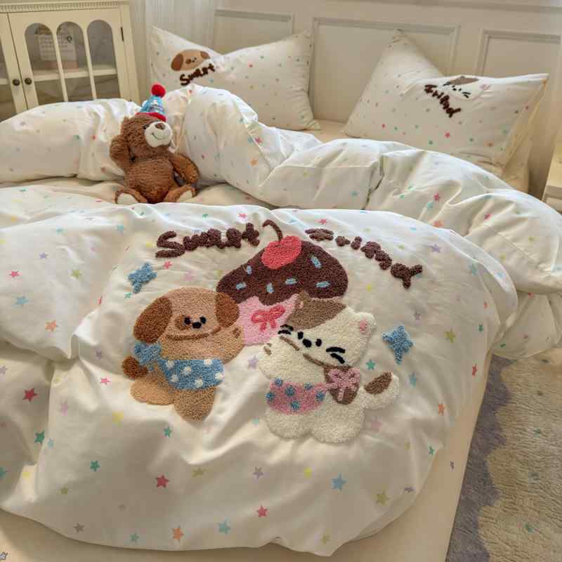 ベッドリネンセット 女の子用 かわいい 純綿 接触冷感 タオル刺繍 卡通柄 ドッグラブ キャットラバー 象モチーフ ベッドカバー シーツ ピローケース 軽量 吸湿速乾 春夏向け 通年使用 快適寝具