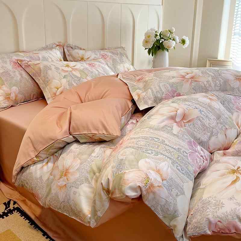 ベッドリネンセット 100%コットン 高支数 活性プリント ツイル織り 植物花柄 ピンク系 グリーン系 ベージュ系 ブラウン系 紫系 ブルー系 四季通用 吸湿性 通気性 柔らかい肌触り 家庭用 ベッドカバー フィットシーツ 枕カバー 1.5m 1.8m