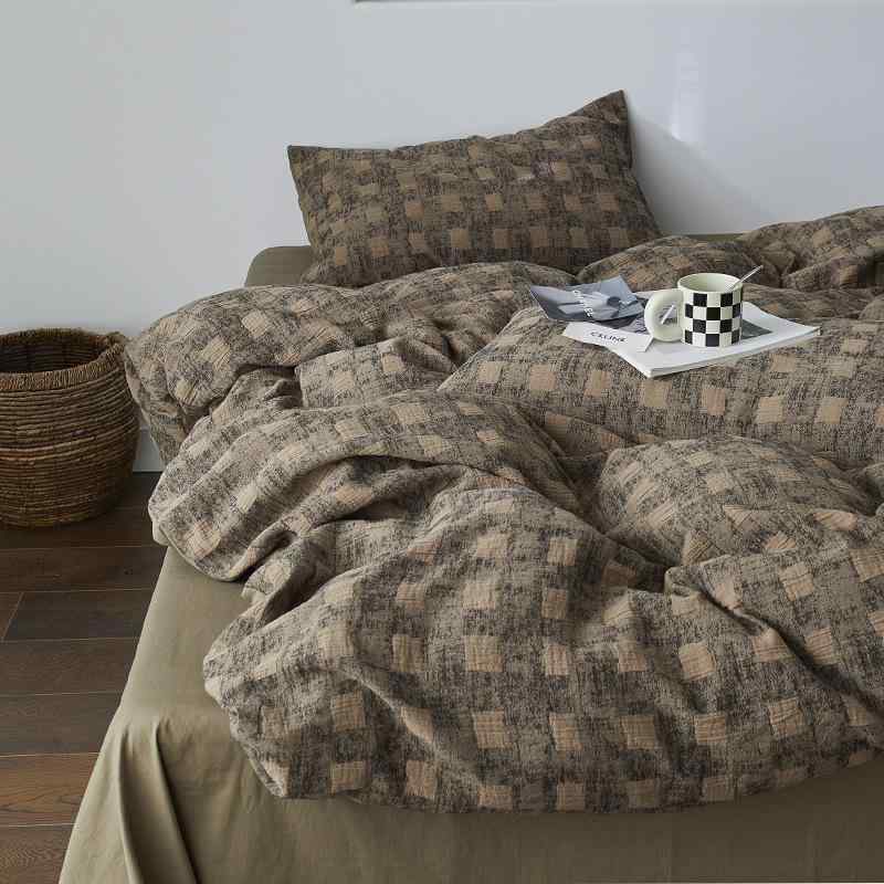 ベッドルーム リネン セット 4点 セット 全棉 純棉 ベッドシーツ 枕カバー 掛け布団カバー 活性染色 提花織り 2500g 以上 重さ 幾何学 模様 床単 スタイル 日式 レトロ 風 ミッドセンチュリー モダン 高級感 ベッド用品 シングル ダブル