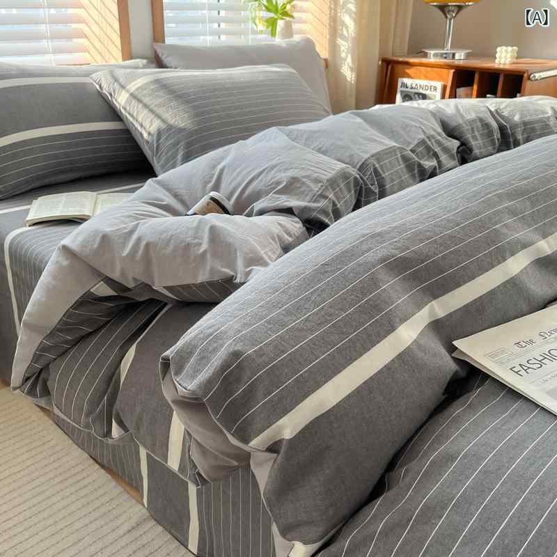ベッドシーツ 綿100% 4点セット 学生寮用 床笠付き 柔軟肌触り 高密度織り 水洗加工 綿素材 色織染め 格子柄 ストライプ柄 深灰 グリーン系 ピンク系 ブルー系 ベビー安全 親子共有 寝室インテリア 軽量吸湿 通年使用 日式シンプル シングル セ