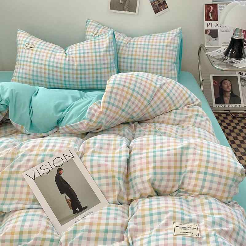 ベッドルームセット 柔らかい水洗綿 床単 被套 枕カバー 4点セット 3点セット 純色 幾何模様 親肌 接触冷感 軽量 吸湿速乾 柔軟 ベビー対応 シングル ダブル クイーン サイズ ブルー系 グレー系 ストライプ チェック ミルクホワイト 抹茶グリーン