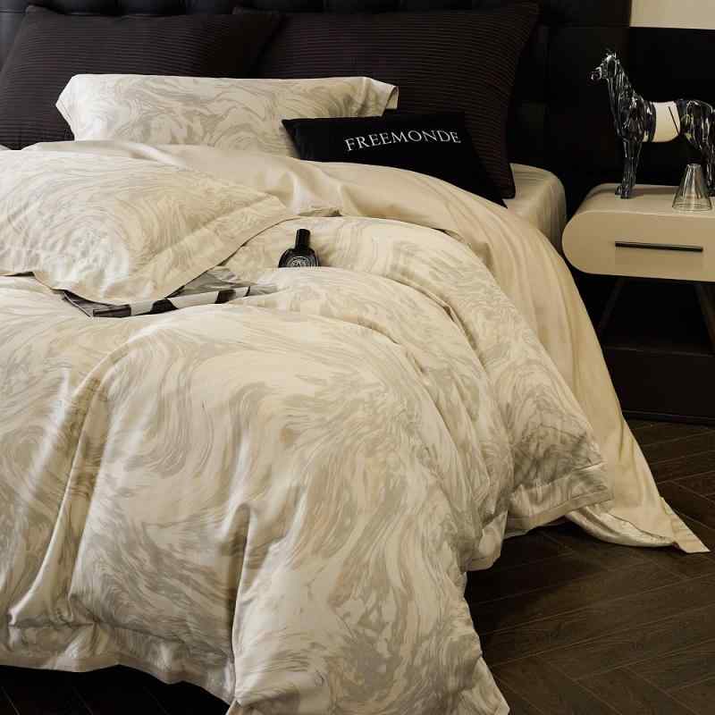 ベッドルーム 四季通用 長綿100S 純綿 床単セット 床笠式 枕カバー シーツ 布団カバー 高級感 軽量 吸湿速乾 接触冷感 幾何学模様 ミルクホワイト ダークグレー ピンク ブルー パープル ベッドリネン 寝室用 快適素材 柔らかい 肌触り良い 通年