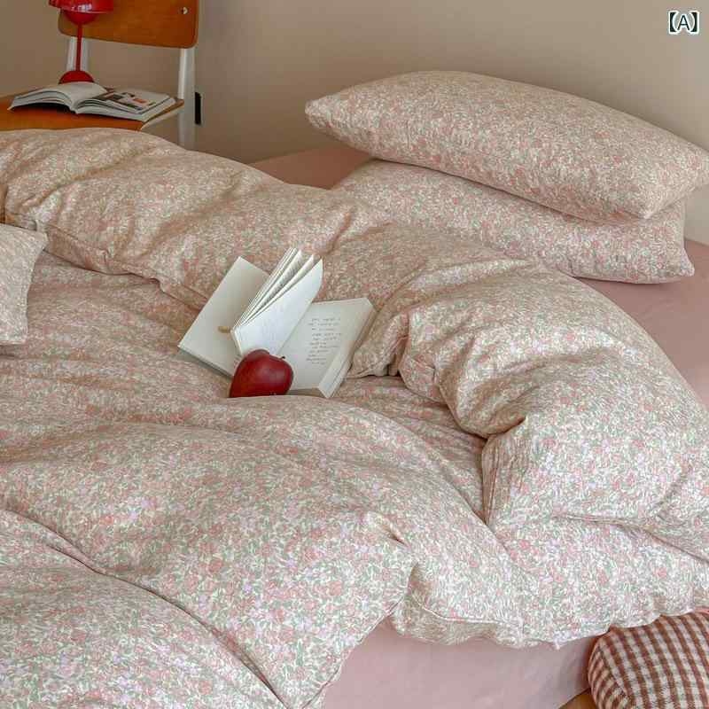 ベッドルーム 寝具セット 純綿 双層 ガーゼ 4点セット 床単 枕カバー 被罩 小清新 花柄 植物 花卉 活性印染 水洗 加工 斜紋 刺繍 500g 軽量 半糖主義 波西 小花 草莓 調色盤 芳華 花鏡 緑格 チェリー 夢華録 ミルク格 猫 小雏菊 粉