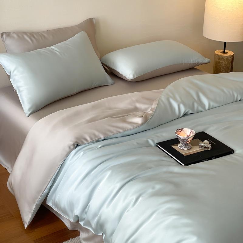 ベッドルーム 寝具セット 接触冷感 再生繊維 レイヨン素材 夏用 滑らかな肌触り シルク調 四件セット 床単 被套 枕カバー 純色デザイン 軽量 通気性 吸湿速乾 爽快感 寝室用 快適睡眠 アイスシルク風 クールタッチ 薄手 ソフト ベッドフィット 季節