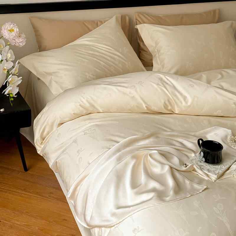Gel Beds - ベッドリネン 四季通用 純棉 高級感 長絨綿 100支 床単 四件セット 提花 綾地 包边 キルティング 活性染色 親肌 触感 柔らかい 条纹 無地 幾何模様 植物花柄 馥郁芬芳 香槟色 墨上枝頭 緑 公主捧花 ピンク 白蝴蝶 沁園 ベッドシーツ スタイ