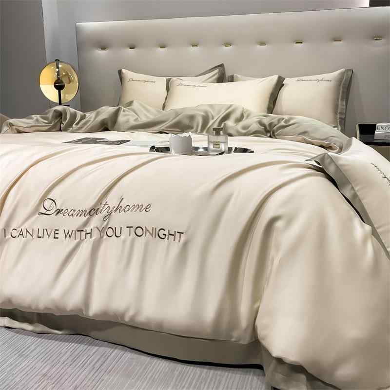 夏用真丝ベッドリネン セット 軽量 高級感 接触冷感 滑らかな天丝 床単 被套 枕套 ピュアカラー 活性染色 ツイル織り 500g以下 軽奢スタイル ミルクティー グレー ブルー系 グリーン ピンク ベージュ パープル 1.2m 1.5m 1.8m 2.