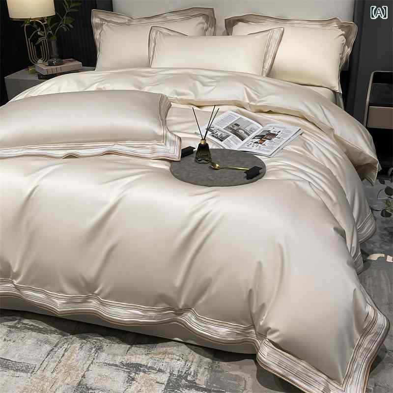 ベッドシーツセット 母婴級 純綿 長繊維綿 4点セット 接触冷感 吸湿速乾 活性染色 斜紋織り 3500g以上 純色 ローマン柄 ミルクホワイト ソフトピンク ライトブルー グレー系 ベージュ 赤系 麻カラー モダンシンプル 四季通用 軽量 通勤休日 部