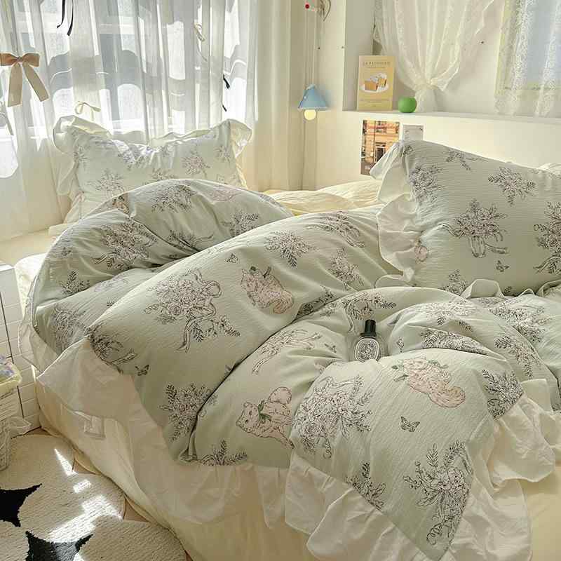 ベッドスーツ 四件セット 床スカート スタイル 水洗綿 素材 親肌 肌触り 小花柄 プリント 活性染め レース 縁取り 植物 花卉 柄 南フランス風 花束 葉 星 月 恋人 団子 ウサギ 夏フィ花語 落書き 犬 甘い 心 桃子 愛心 陌上 花 米娅 恋人