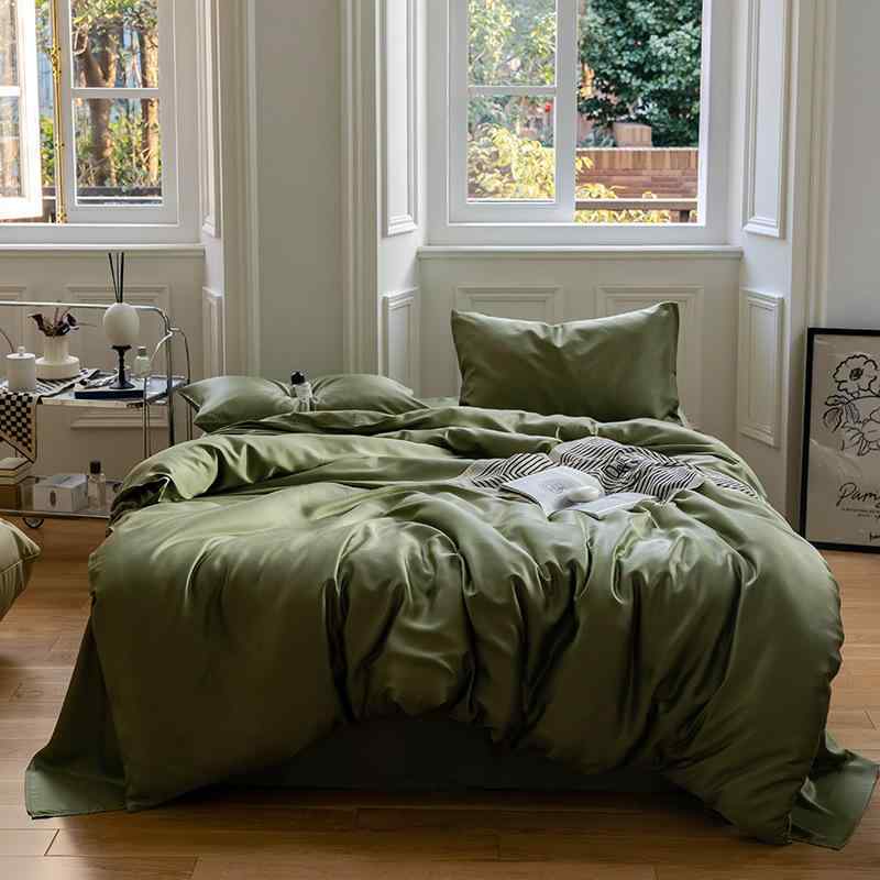 ベッドリネンセット レディース 接触冷感 レイヨン シルクタッチ 夏用 クイーンサイズ ベッドパッド シーツ デュベットカバー グレー グリーン ブルー ピュアカラー 滑らかな肌触り 軽量 通気性 吸湿速乾 北欧スタイル 快適寝具 4点セット