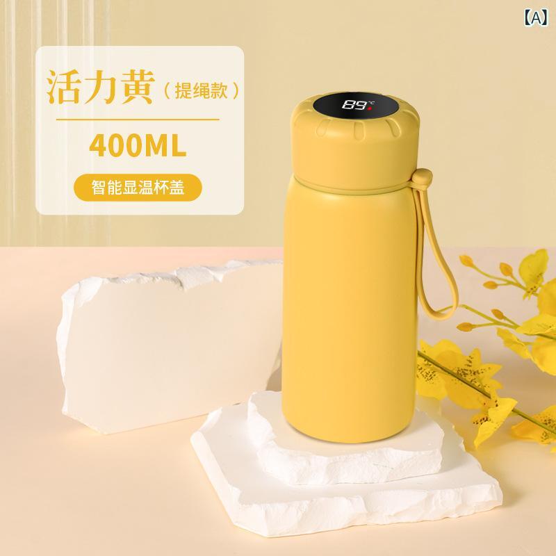 保温カップ ステンレス 学生用 温度表示 提手付き ストロー付き 直身型 400ml 活力黄 香芋紫 雪頂白 芥末緑 便携 保温 現代簡約 運動 旅行 車載 ビジネス ギフト ユニセックス 子供用