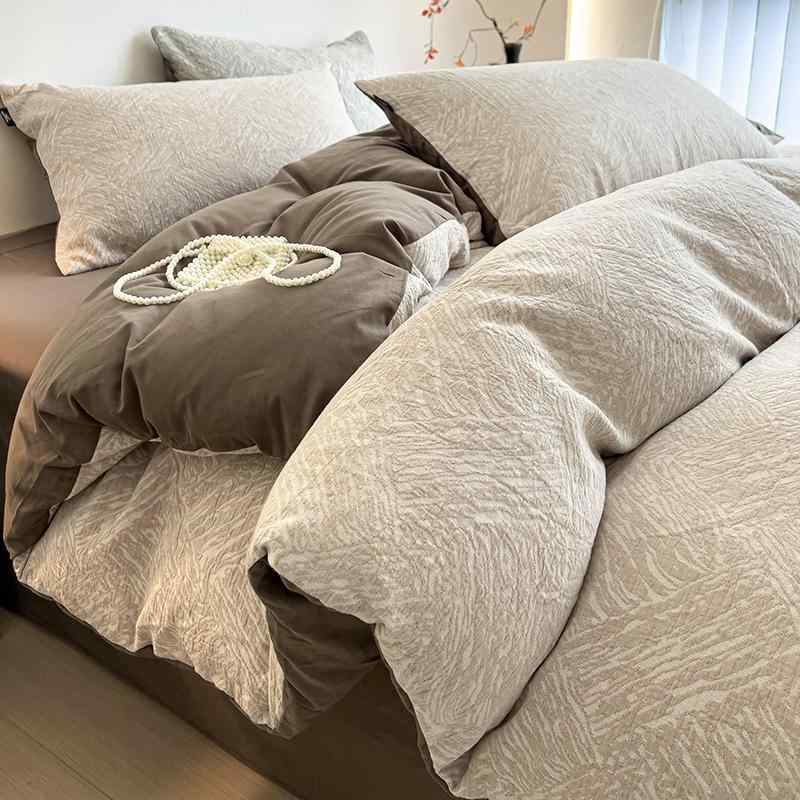 ベッドルーム 寝具 セット 冬用 加厚 全棉 磨毛 綿 100% 提花 面料 親肌 快適 暖か ふんわり ベッドシーツ 掛け布団カバー 枕カバー ベッドスカート 学生用 シングル セミダブル ダブル サイズ対応 活性染色 米咖 色 米色 茶系 松弛粉 色