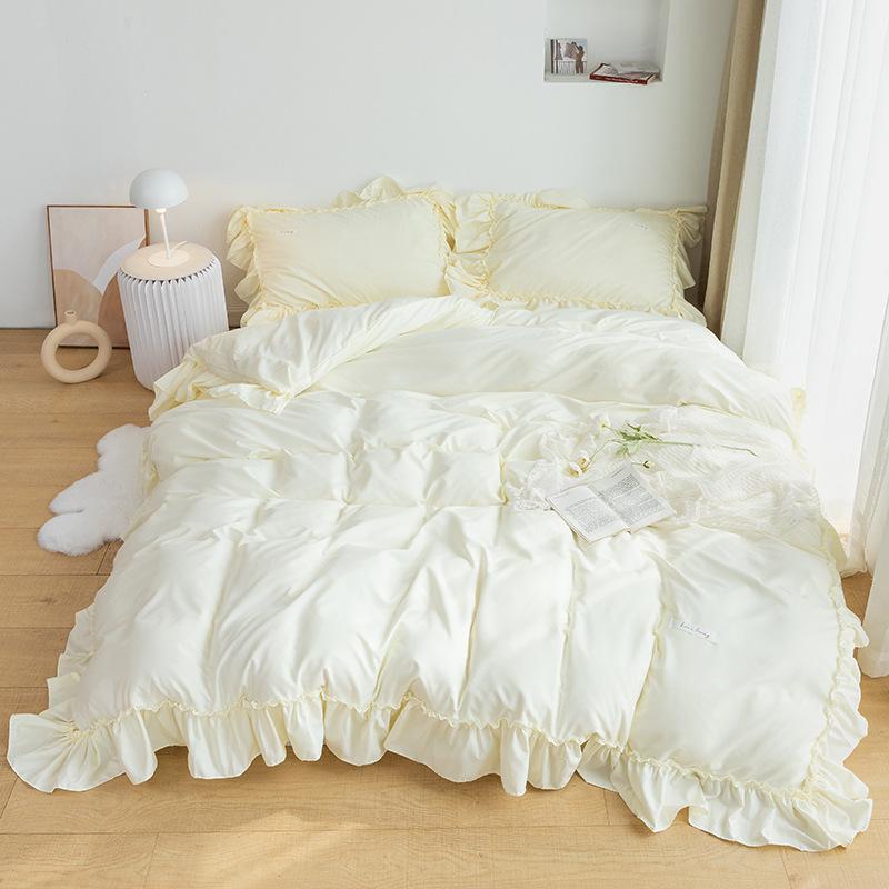ベッドカバーセット かわいいプリンセス風 フリル加工 床笠タイプ 4点セット 化繊素材 四季対応 ピュアカラー ライトグレー イエロー アイボリー ブルー ブラック 伸縮性 柔らか触感 軽量 寝室インテリア 日常使い 快適寝具 ファミリー向け