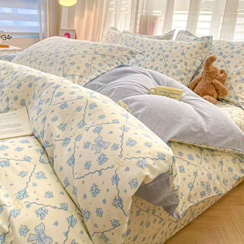 ベッドルーム 寝具 セット 学生寮 向け 全棉 純綿 肌触り良い 布団カバー ベッドシーツ 枕カバー 4点セット 植物花柄 斜紋織り 活性染色 40支糸 128x68密度 1000g以上 1500g未満 四季通用 1.2m 1.5m 1.8m 2.0m