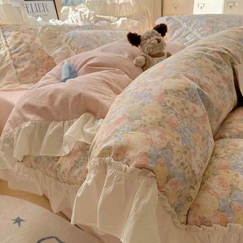 Gel Beds - ベッドルーム セット 純綿 花柄 プリント フラワーデザイン 花びら模様 植物モチーフ かわいい 女の子向け プリンセススタイル 活性染め 60支高品質 軽量 吸湿速乾 通年使用 1.2m 1.5m 1.8m 対応 ベッドシーツ 掛け布団カバー 枕カバー