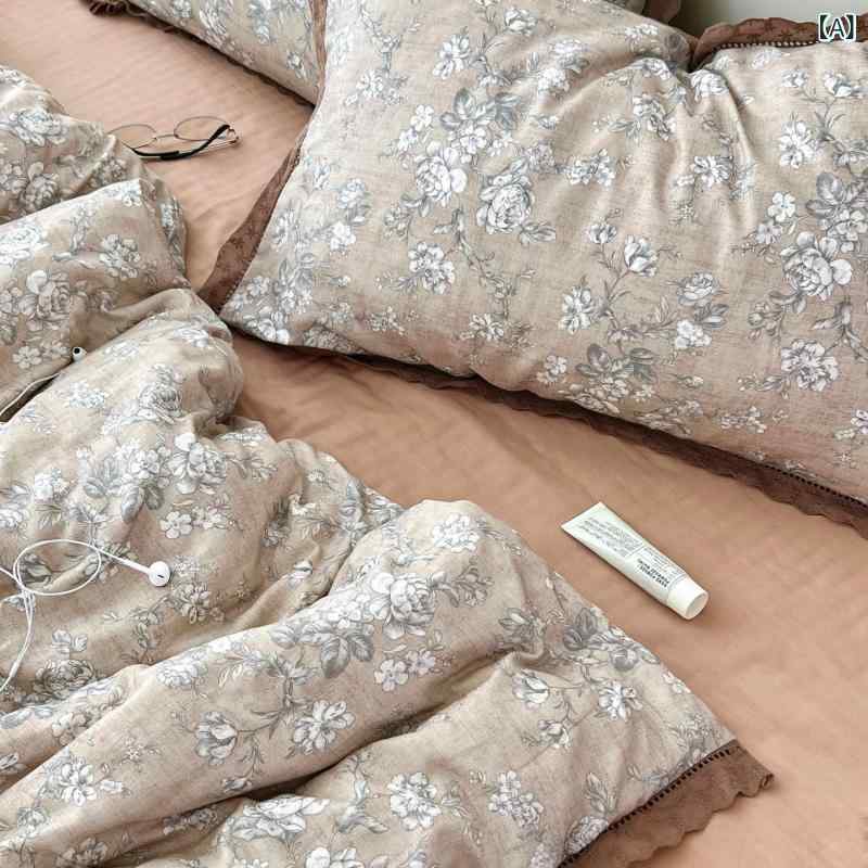 ベビー 秋冬 綿100% ガーゼ ベッドセット 柔軟 抗菌 防ダニ 親肌 吸湿速乾 透気 保暖 花柄 植物柄 ミントグリーン クリーム ピンク ベージュ モダン シンプル インスピレーション スタイル シングル ダブル クイーン サイズ 対応 ベッドシー
