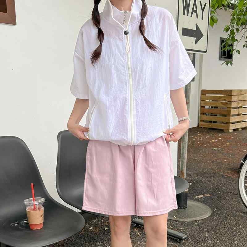 レディース 防晒衣 短袖 薄手 外套 ジャケット ナイロン 95%以上 純色 シンプル 優しい風 かわいい 爽やか スタイル ジッパー 襟付き 薄型 5分袖 コンフォート レジャー 春夏 夏 日常使い 通勤 外出 軽量 快適 紫外線対策 UPF30+ 白