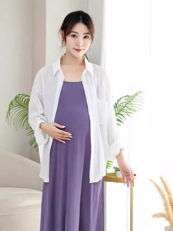 乐天商城 - マタニティ ワンピース 防晒 2点セット 早い妊娠期 通勤 大きいサイズ 太め 女性用 吊り帯 スカート 日韓 スタイル レディース 無袖 中長丈 紫 純色 氨綸 素材 切り替え ウエストベルト 春季 ゆったり 快適 妊娠中 妊婦服 セットアップ トップ